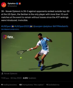 Τζόκοβιτς: Ασύλληπτο ρεκόρ στο us open απέναντι σε παίκτες του top 50